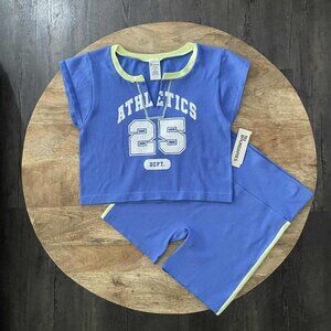 NEW 2Pc Women's 20 (XXL) Seamless Blue Crop Top & High Waist Short Set